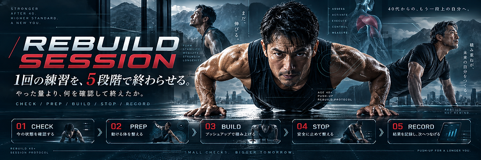 中高年の腕立て伏せ練習をCHECK・PREP・BUILD・STOP・RECORDの5段階で整理するREBUILD SESSION