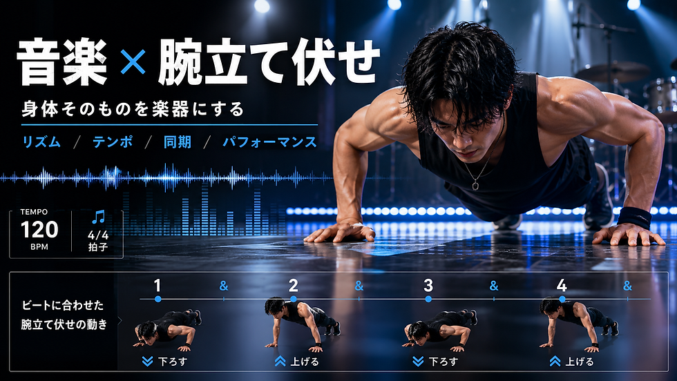 音楽のリズムとテンポに腕立て伏せの上下動を同期させ身体そのものを楽器に変えるパフォーマンス
