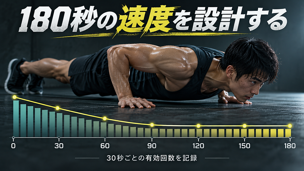 3分間の腕立て伏せで30秒ごとの有効回数を記録する配分の模式図
