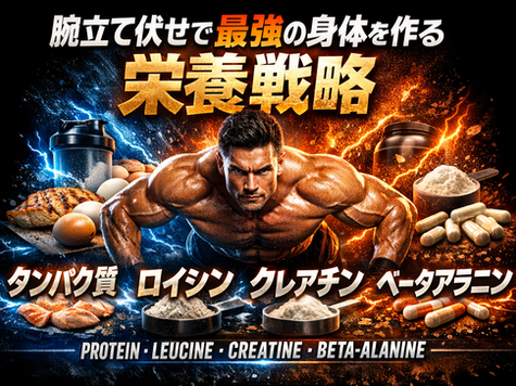 🔥腕立て伏せ専門パーソナルトレーナーが書いた栄養実践ガイド  腕立て伏せで最強の身体を作る栄養戦略タンパク質」「ロイシン」「クレアチン」「ベータアラニン」処方