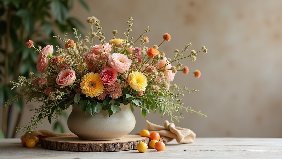 Eye-level view of a sustainable floral centerpiece with seasonal flowers and natural wood accents