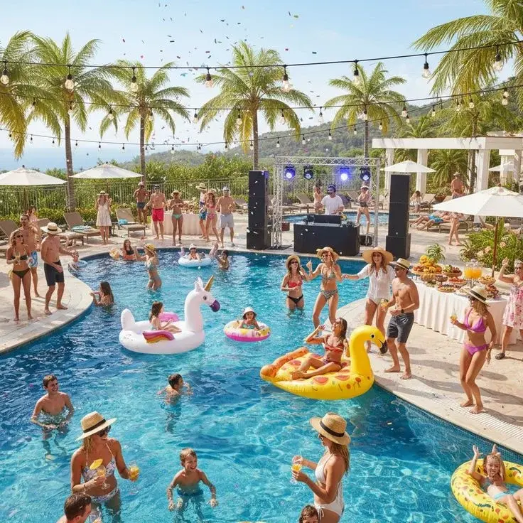 Resort pool at The Muse Hotel Palm Springs with guests, palm trees, and mountain views visible in background