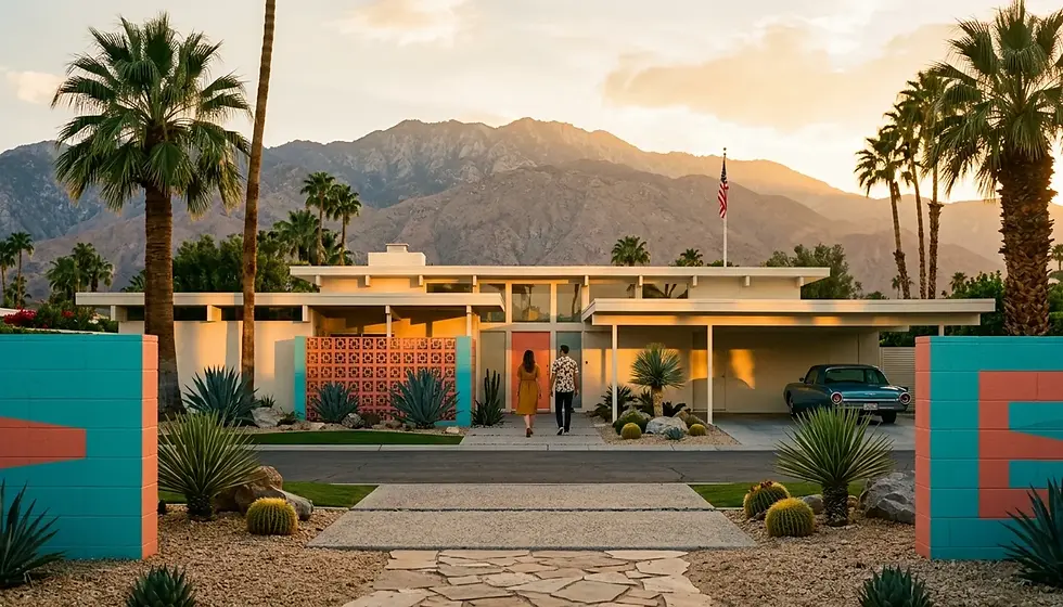 Instagram-worthy desert architecture in Palm Springs with mid-century modern design and colorful painted facade at golden hour