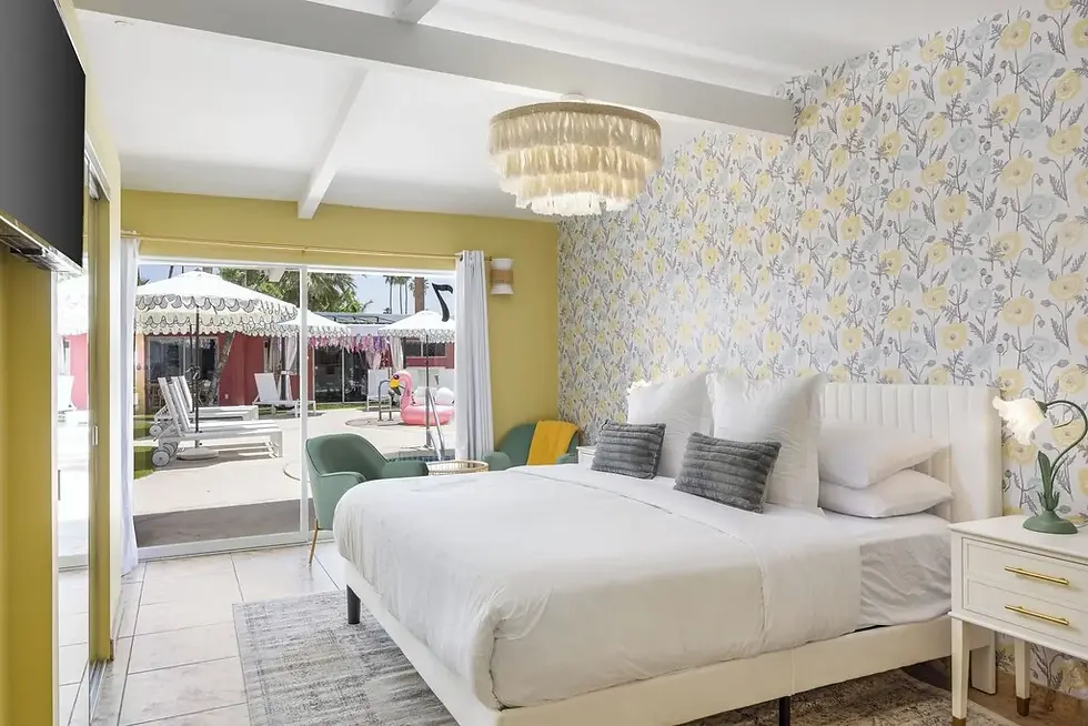 Modern suite bedroom at The Muse Hotel Palm Springs, boutique accessible vacation rental option in Palm Springs CA