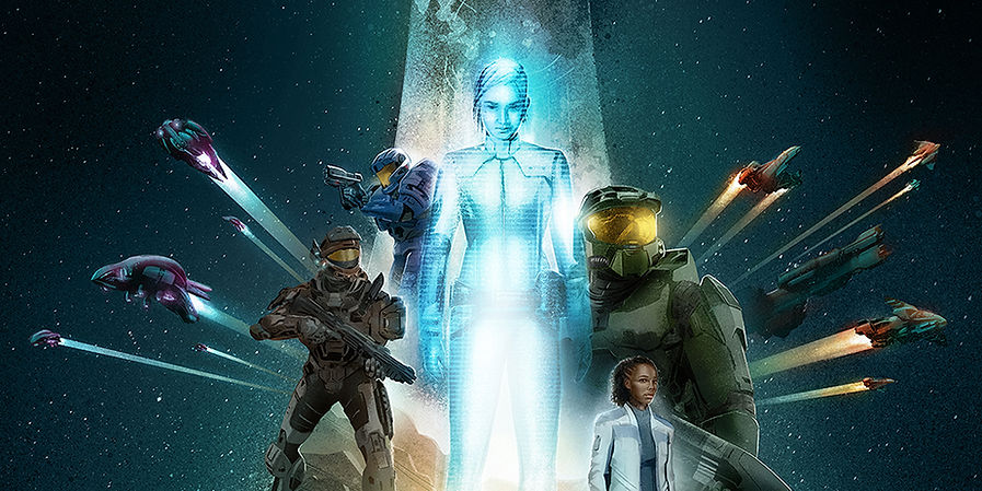 Halo Outpost Discovery promotional artwork featuring Master Chief, Cortana, and Spartan soldiers in a sci-fi environment