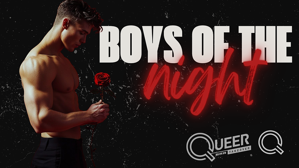 Shirtless man holding a red rose against a dark background. Bold text reads "BOYS OF THE NIGHT." Mood is dramatic and intriguing.
