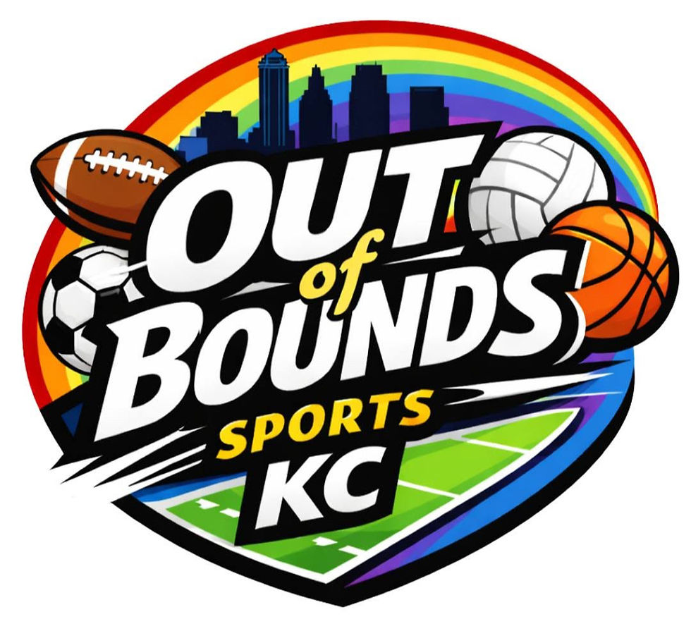 Rainbow sports logo reading Out of Bounds Sports KC with football, soccer, volleyball, basketball and city skyline.