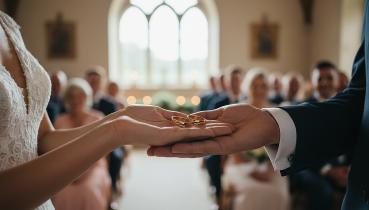 Close-up of wedding rings held in open hands during a quiet ceremony moment.