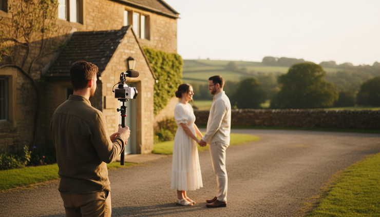 Eye-level view of a videographer filming a relaxed couple outside a stone wedding venue.