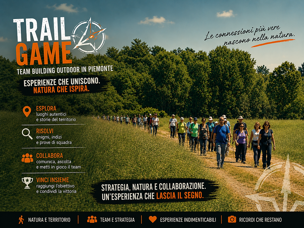 Un gruppo in cammino tra natura e collaborazione durante un’esperienza TrailGame di team building outdoor in Piemonte, tra strategia, connessione reale e territorio autentico.
