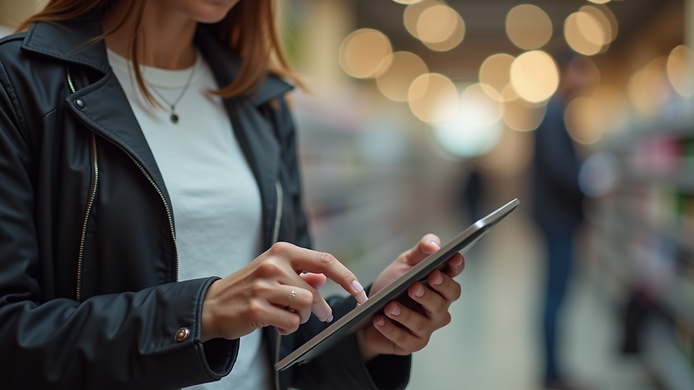 Close-up view of a person using a tablet to browse an online store
