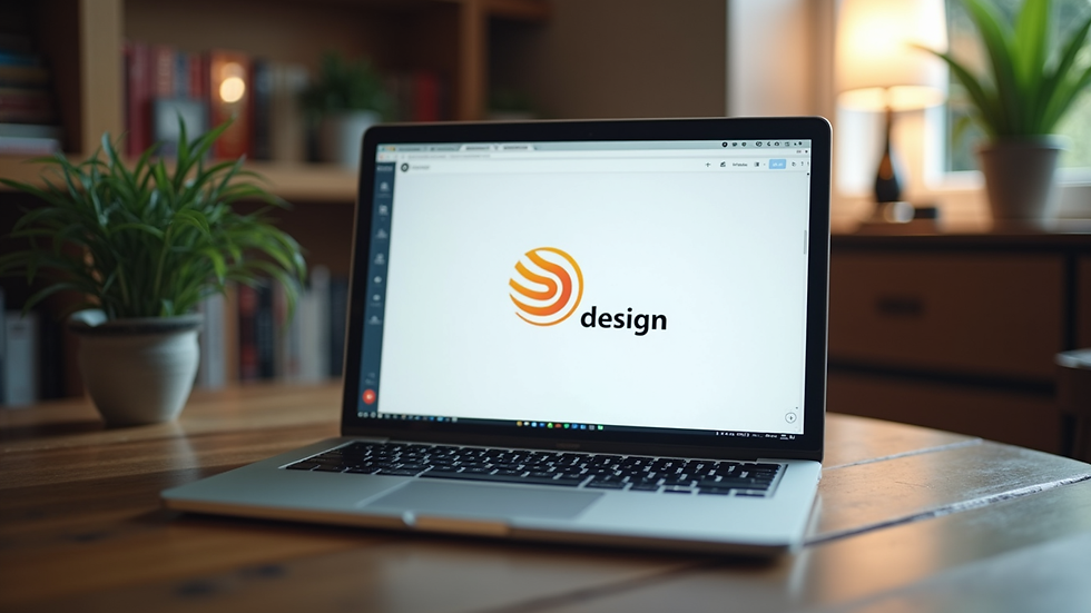 High angle view of a laptop screen showing a logo design software interface