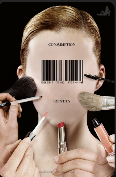 Face with barcode and the words "consumption" and "identity" with makeup products being applied by several hands around the face.
