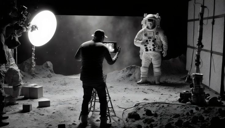 A black and white photo of a set that looks like a staged moon landing with a photographer taking a photo of someone dressed as an astronaut.