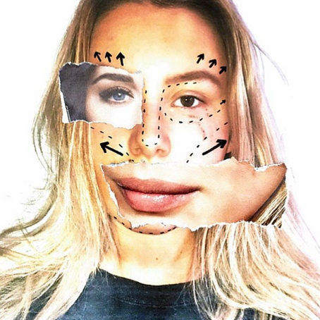 A woman's face collaged with magazine clippings and markings mean for cosmetic enhancement surgery.