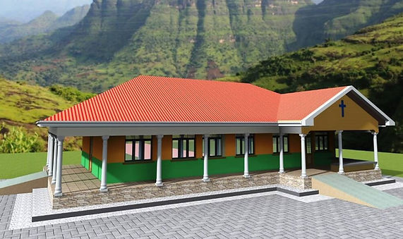 A building with an orange roof and columns with a mountain background.