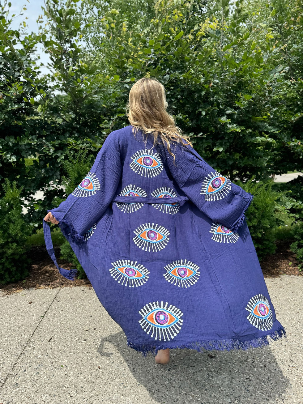 Thumbnail: NEW | Hand woven | Hand Painted | Turkish | Evil Eye Robe in Dark Indigo