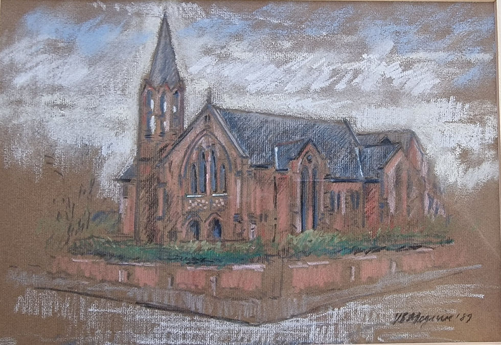 Pastel drawing of the old Salford Church of the Nazarene building