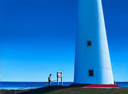 A quiet coastal scene featuring a towering lighthouse and distant figures set against a wide sea and soft sky. The painting evokes stillness and reflection, suggesting a moment of gentle pause and presence amidst uncertainty.