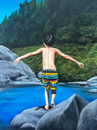A figure stands beside a still mountain pool within a rocky bush landscape, pausing at the water’s edge in a moment of quiet awareness and balance.