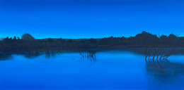 A wide-format painting of a still lake at twilight, bathed in rich blue tones. Bare branches emerge from the water in the foreground, casting delicate reflections. The horizon line is softly shadowed by darkened trees and a low hill, all under a clear, fading sky. The scene evokes a sense of calm, transition, and quiet anticipation.