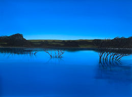 A serene abstract landscape featuring soft blues and greens. Still water stretches through the centre of the composition, bordered by distant hills and interrupted by slender tree branches rising from the lake. The scene evokes calm, balance, and quiet continuity.