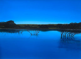 A serene abstract landscape featuring soft blues and greens. Still water stretches through the centre of the composition, bordered by distant hills and interrupted by slender tree branches rising from the lake. The scene evokes calm, balance, and quiet continuity.