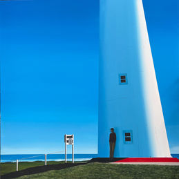 A figure leaning peacefully against a lighthouse at the edge of sea and sky, bathed in muted evening tones; a moment of stillness, trust, and anchoring presence.