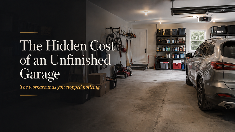 An unfinished garage with cluttered storage and limited usable space showing the daily friction homeowners often learn to work around.