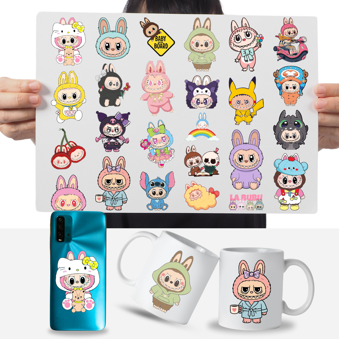 Cartelas Adesivos Boneca Labubu Fofura DTF UV Prova D'água