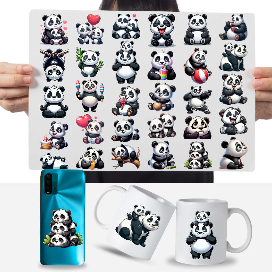 Cartela Adesivos Urso Panda Fofo Filhote DTF UV Prova D'Água