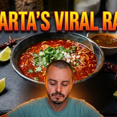 A man in front of a birria ramen bowl garnished with cilantro and onions. Background shows lime wedges and chili peppers. Text: "Vallarta's Viral Ramen".