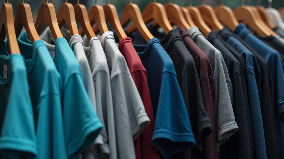 Eye-level view of a sportswear rack with various breathable running shirts
