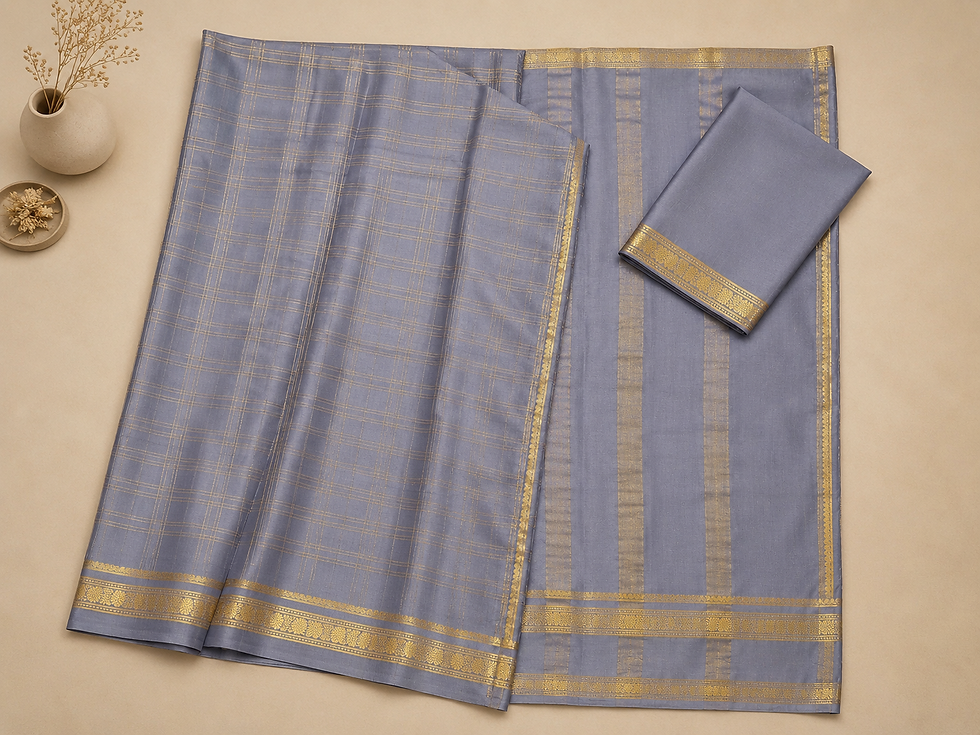 Thumbnail: Lavender Grey Mysore Silk Saree with Gold Zari Checks