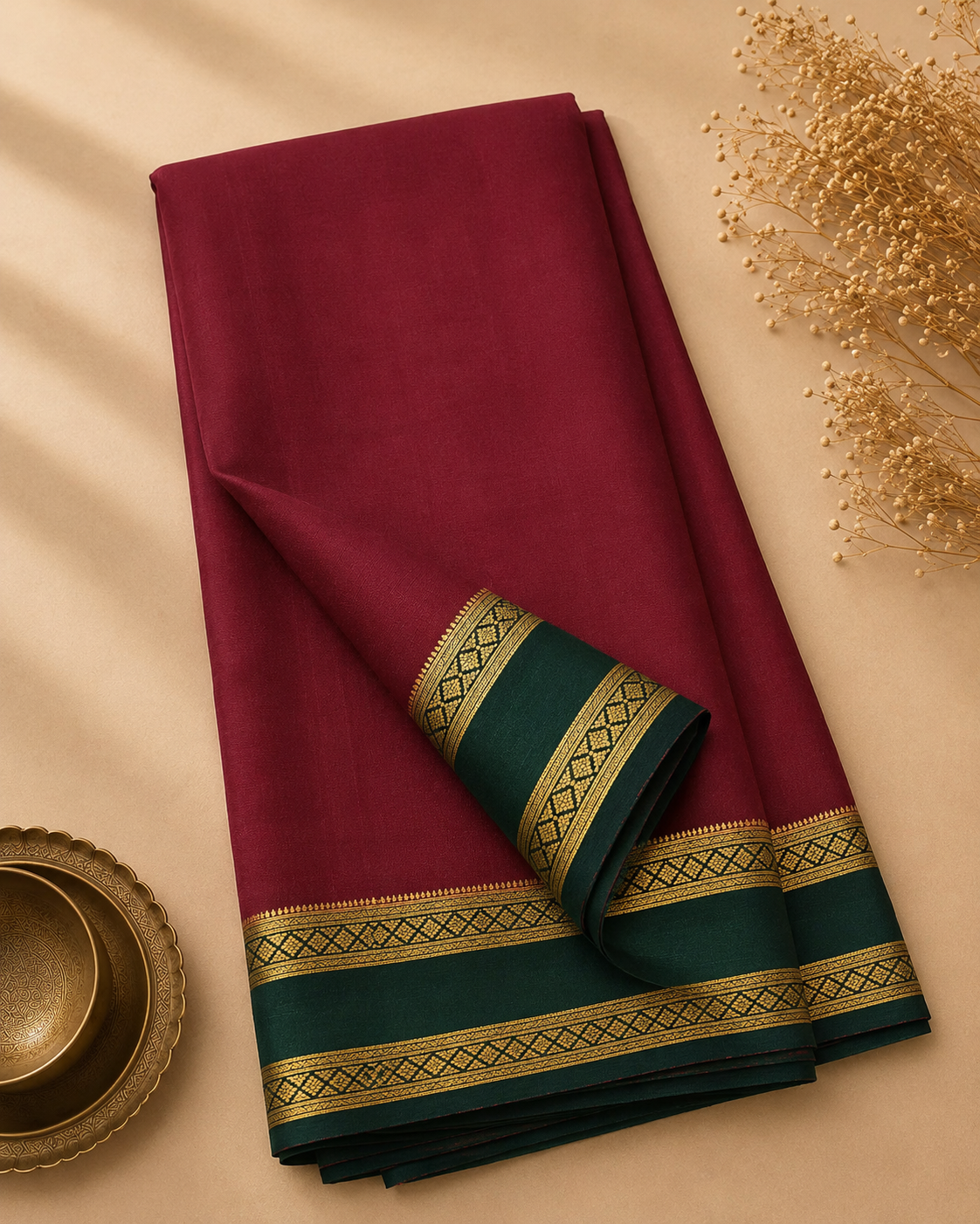 Wine Mysore Crepe Silk Saree with Bottle Green Zari Border