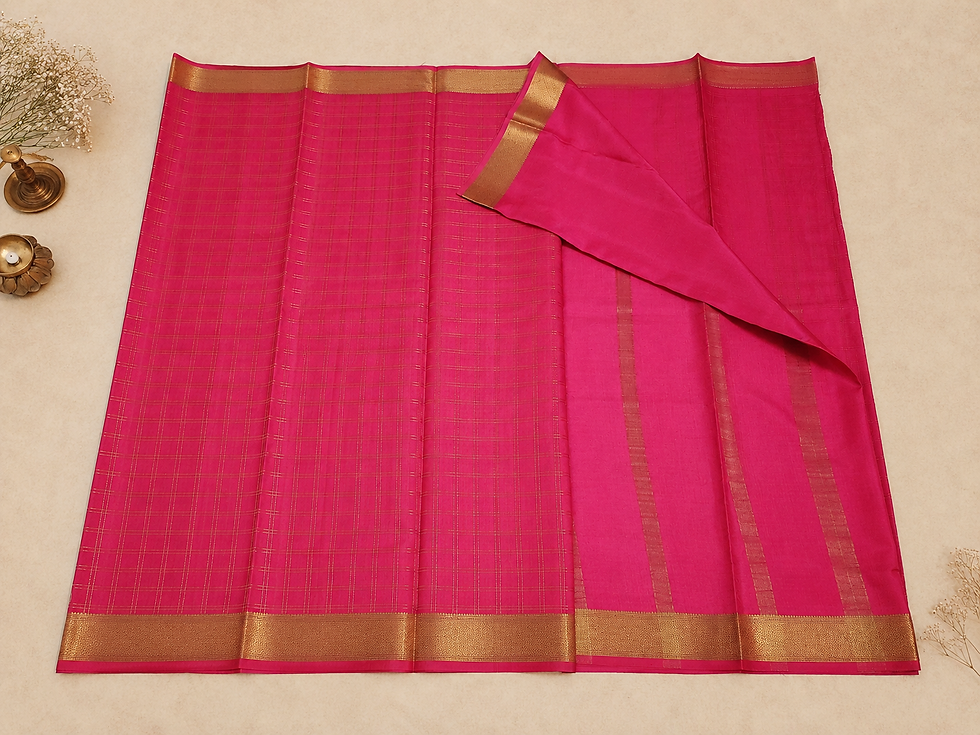 Thumbnail: Rani Pink Checked Mysore Crepe Silk Saree with Antique Gold Zari Border
