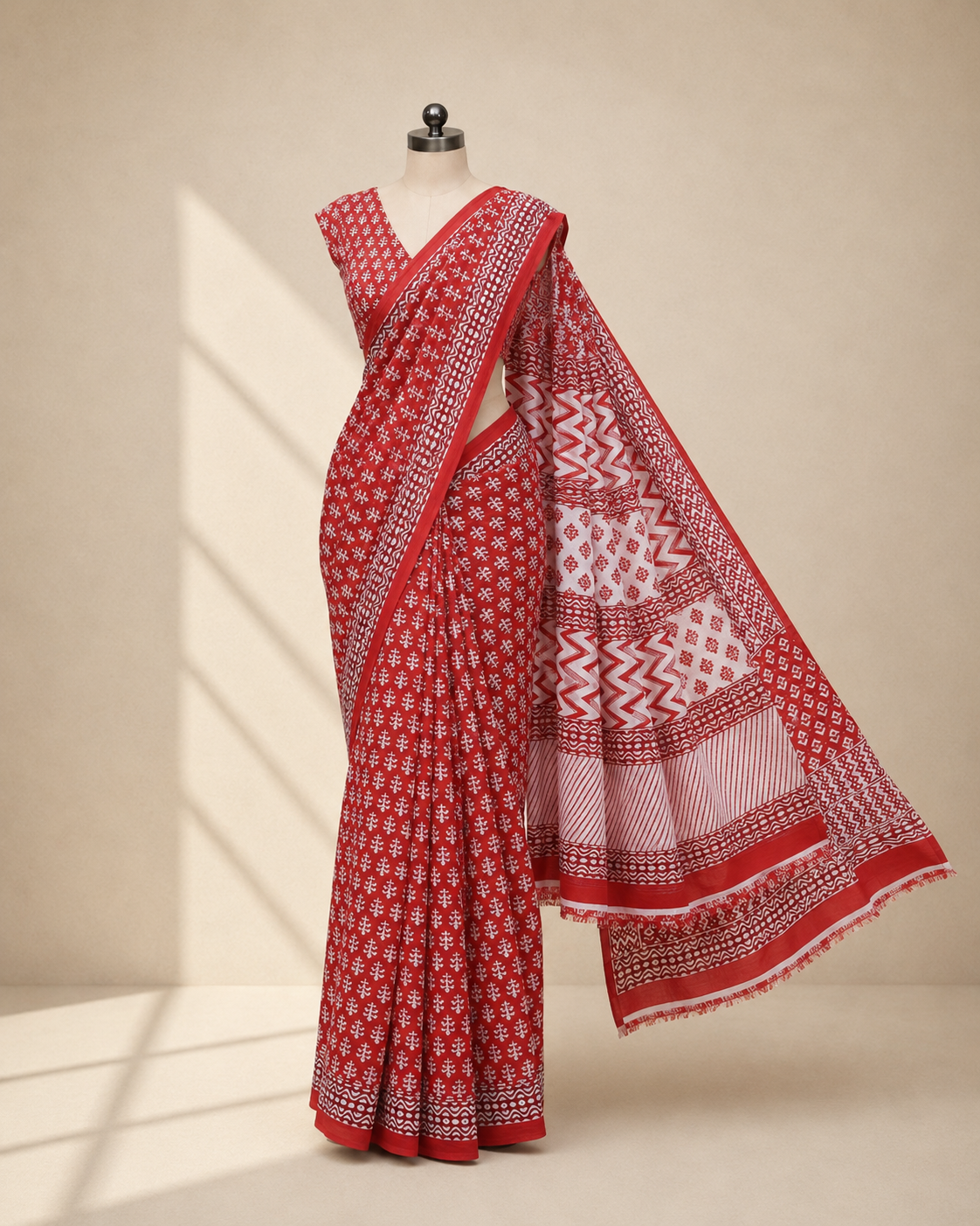 Red Mulmul Cotton Saree with White Printed Pallu