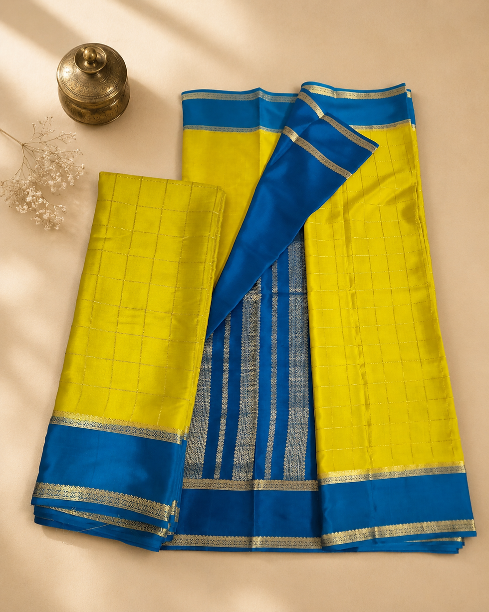 Thumbnail: Yellow Mysore Crepe Silk Saree with Royal Blue Zari Border