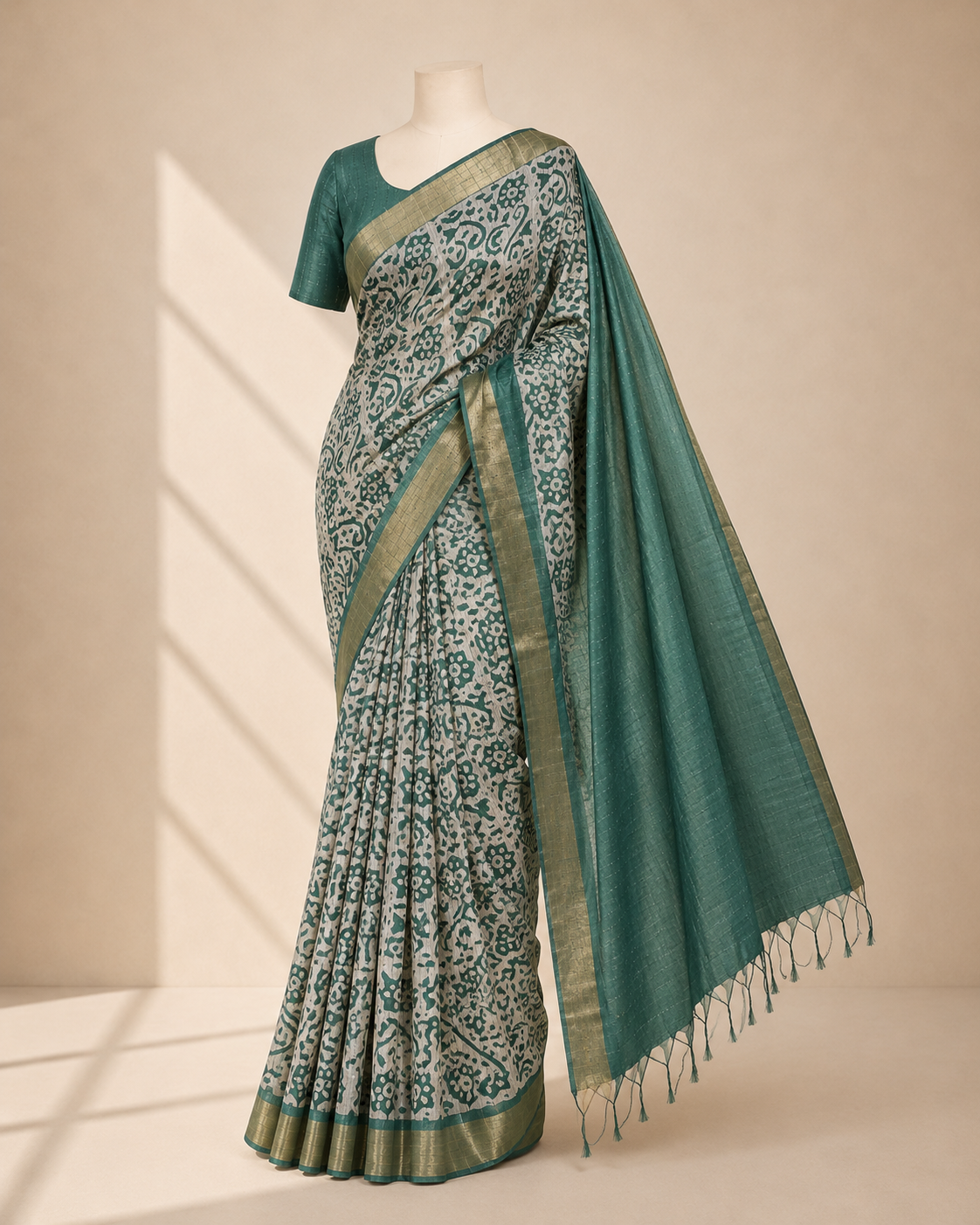 Teal Green Blended Tussar Silk Saree with Ivory Floral Print and Zari Border