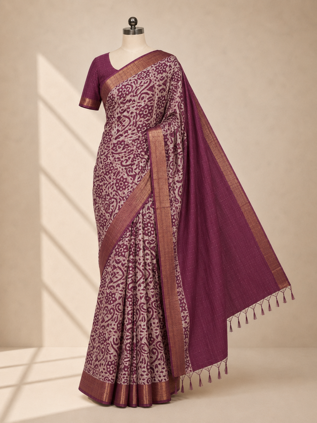 Plum Blended Tussar Silk Saree with Ivory Floral Print and Zari Border