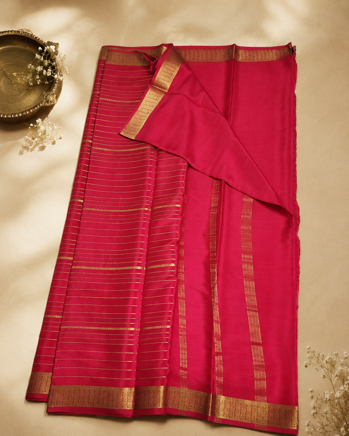 Rani Pink Mysore Crepe Silk Saree with Gold Zari Border