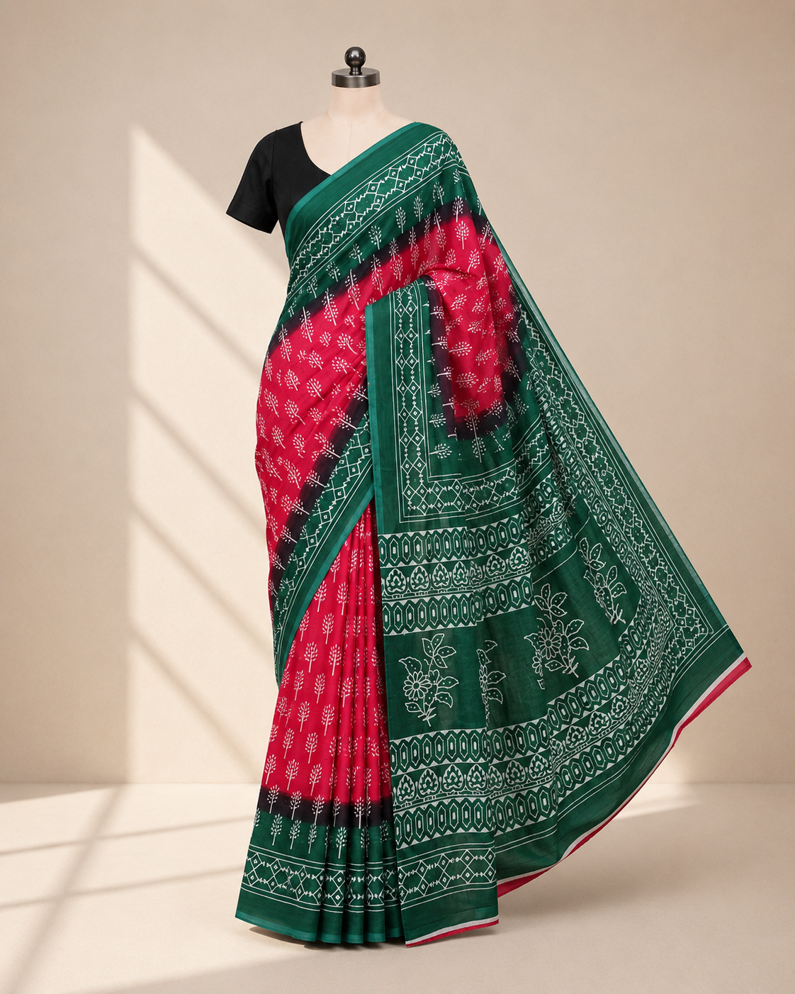 Pink Mulmul Cotton Saree with Green Printed Border