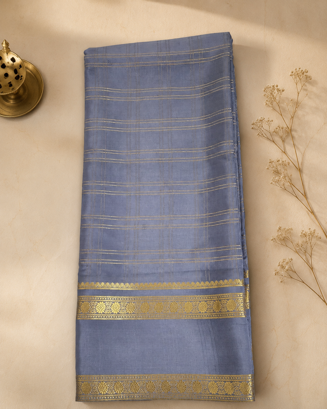 Lavender Grey Mysore Silk Saree with Gold Zari Checks