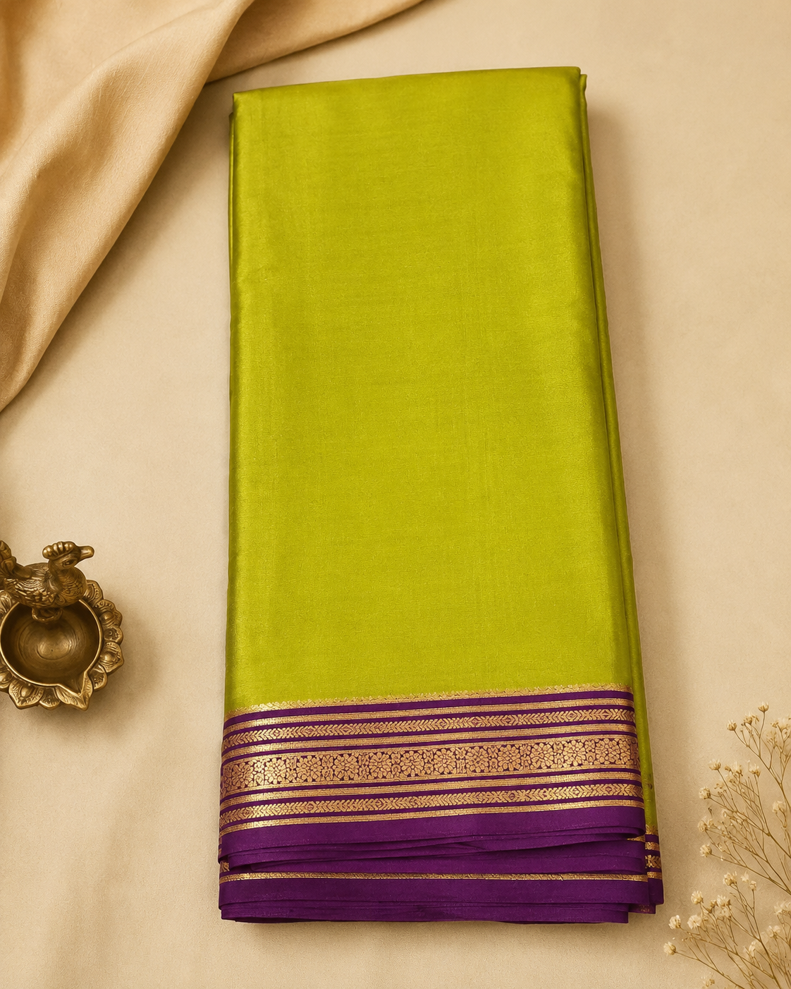 Parrot Green Mysore Crepe Silk Saree with Purple Zari Border