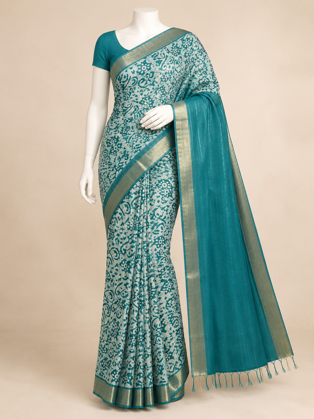 Teal Blue Semi Tussar Silk Saree with Floral Print and Zari Border