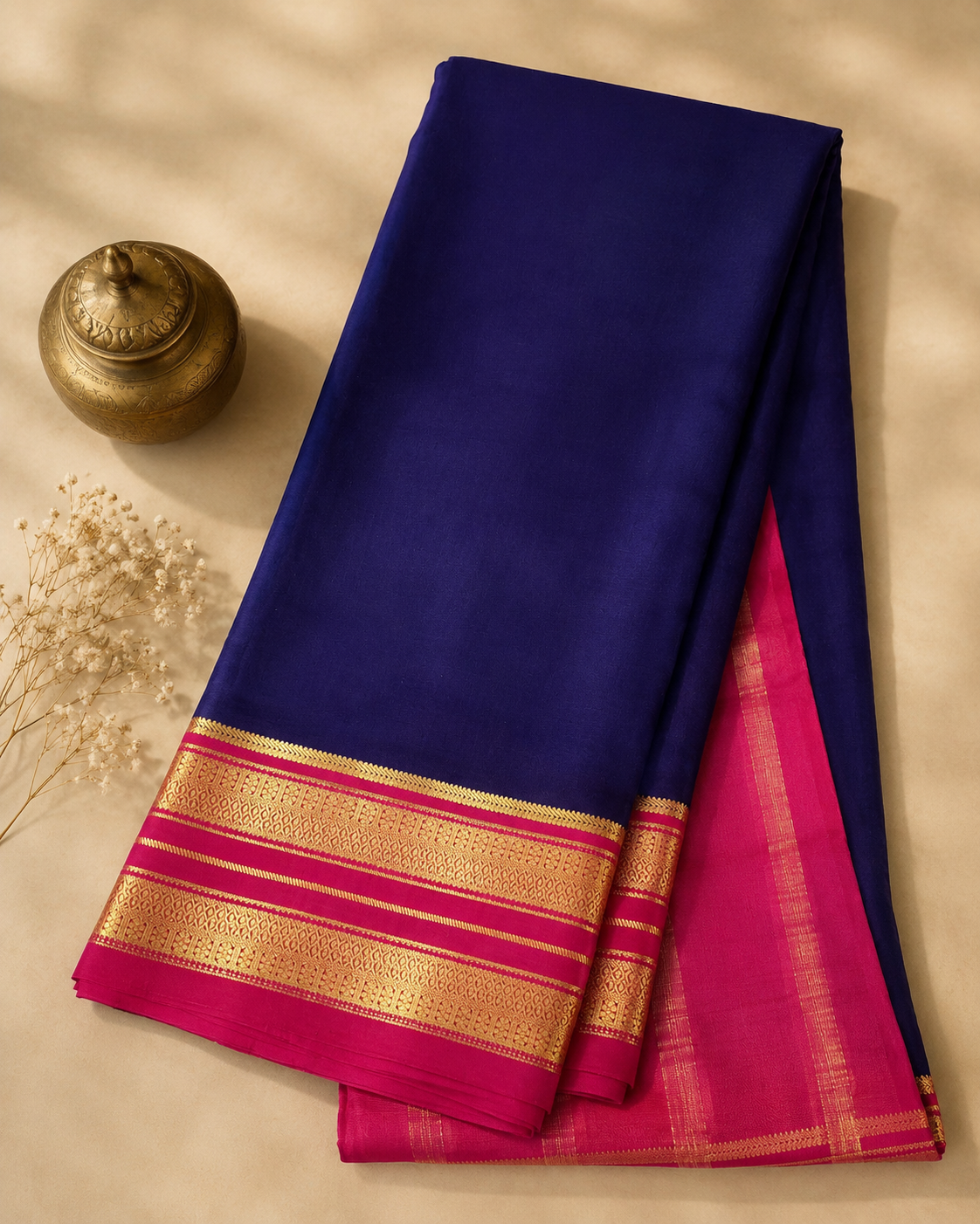 Royal Blue Mysore Crepe Silk Saree with Pink Zari Border
