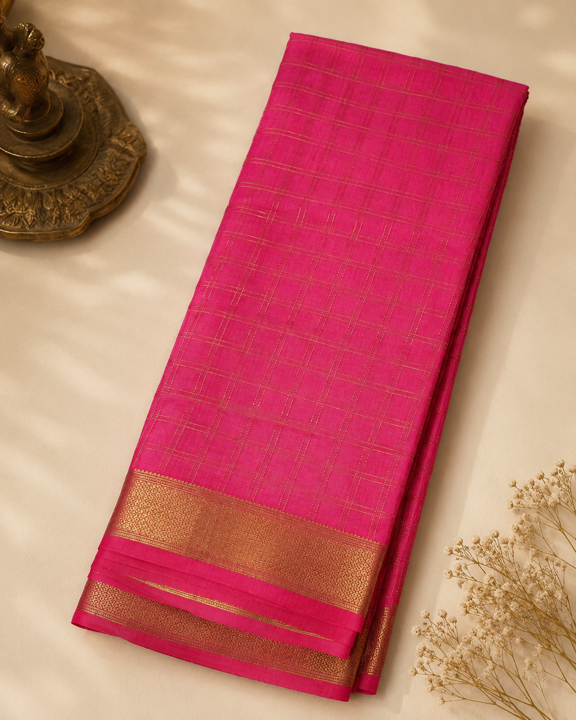 Rani Pink Checked Mysore Crepe Silk Saree with Antique Gold Zari Border