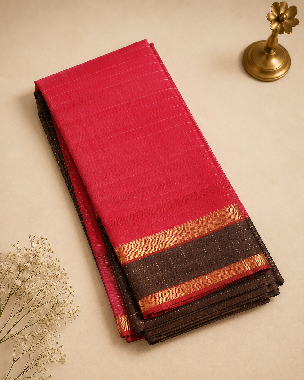 Thumbnail: Chocolate Brown Mangalagiri Handloom Silk Saree with Pink Pallu