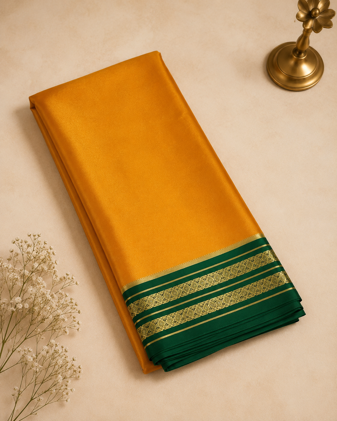 Golden Mustard Mysore Crepe Silk Saree with Green Zari Border