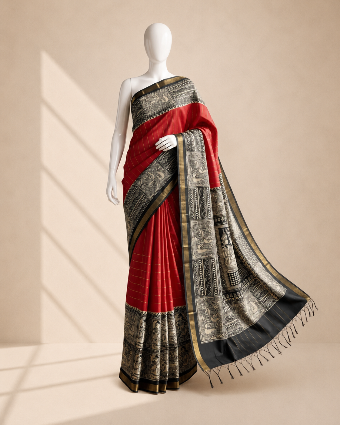 Vermilion Red Blended Tussar Silk Saree with Black Madhubani-Style Border